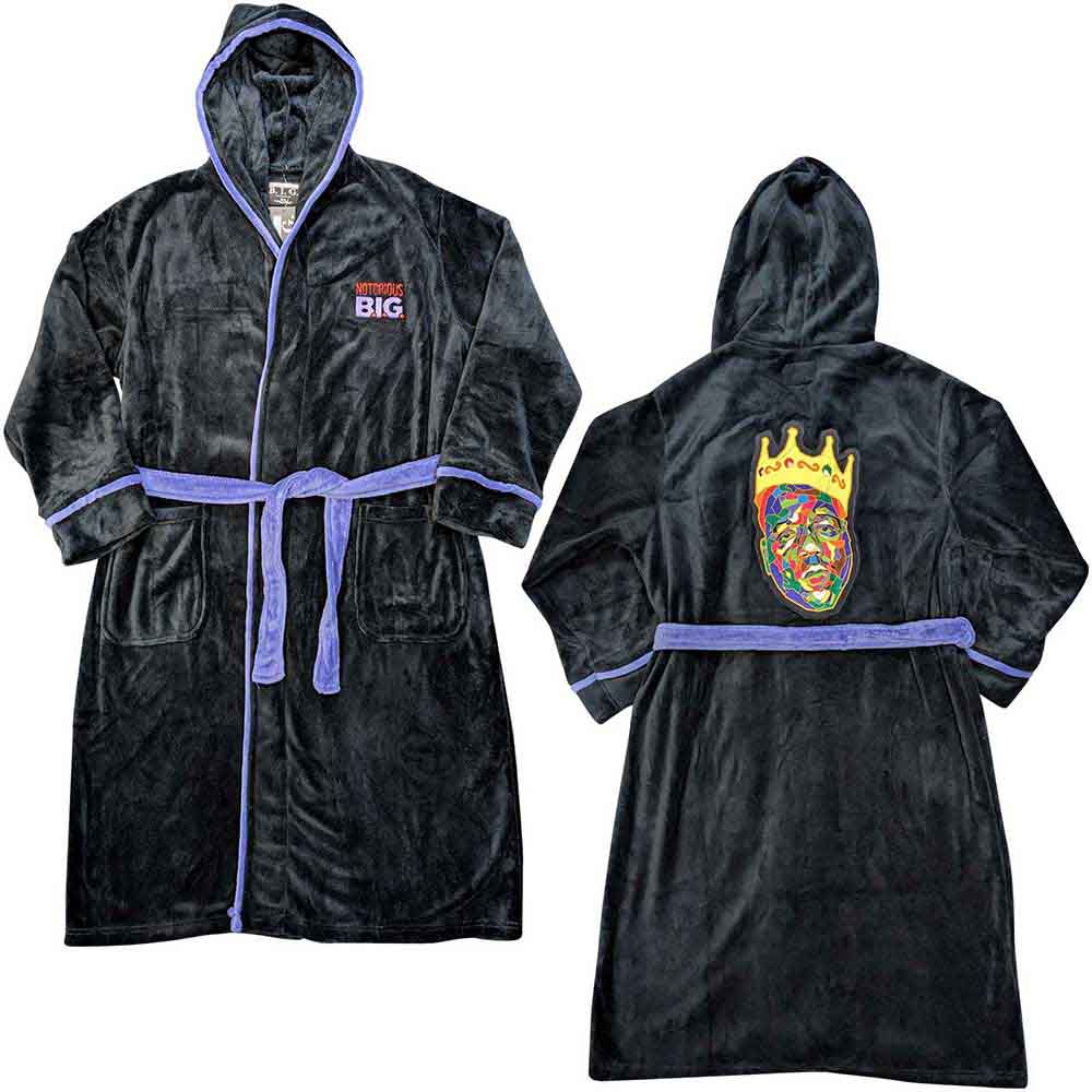 Black fleece bathrobe with purple trim and "Notorious BIG" logo.