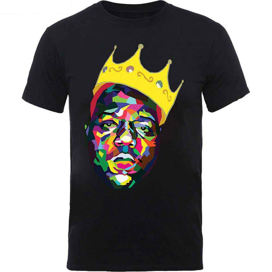 Black kids t-shirt with colorful, geometric portrait of The Notorious B.I.G. wearing a crown.