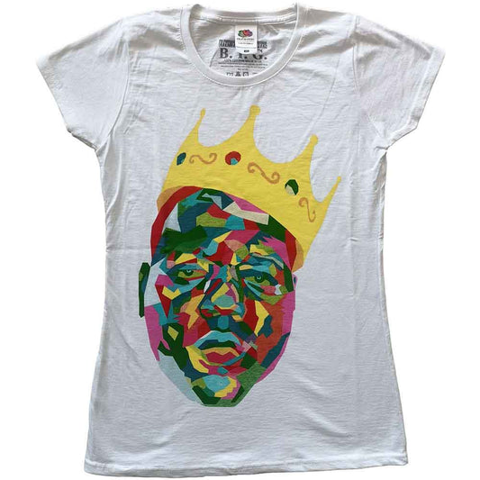 White women's t-shirt with colorful portrait of Biggie Smalls wearing a crown.