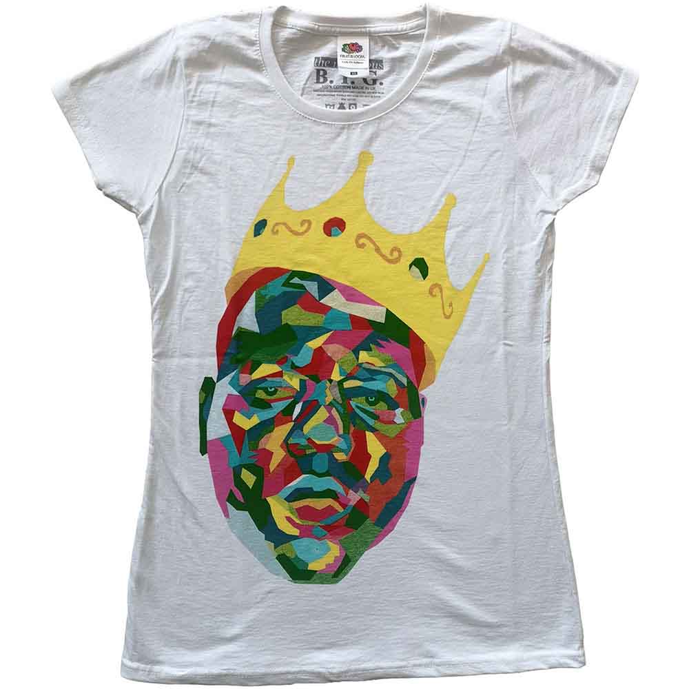 White women's t-shirt with colorful portrait of Biggie Smalls wearing a crown.