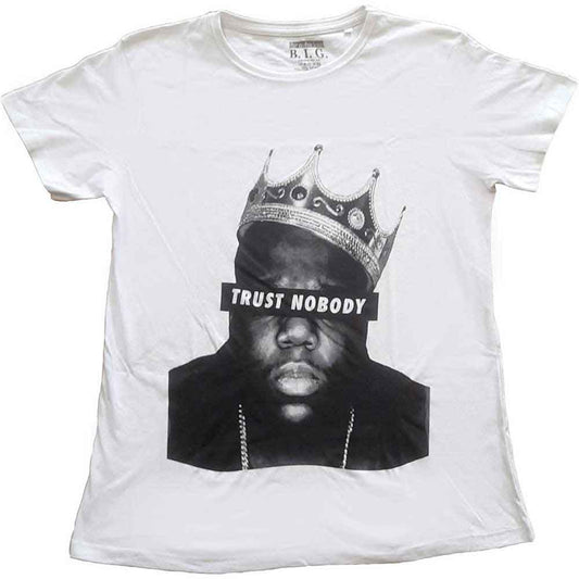 Ladies' black t-shirt with a graphic of Biggie Smalls and "Trust Nobody" text.