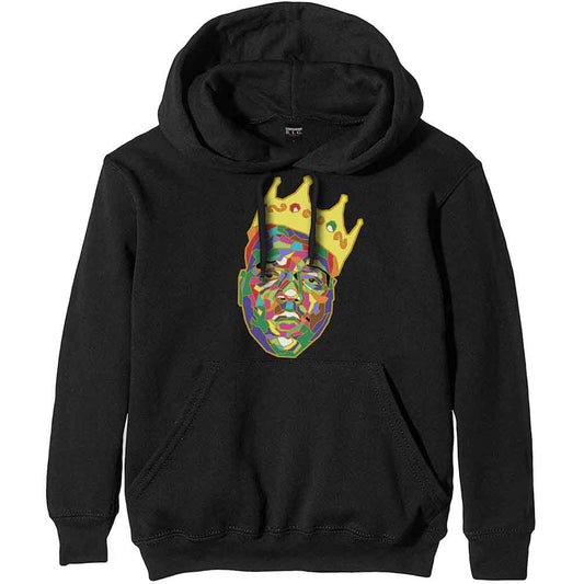 Black hoodie with colorful portrait of Biggie Smalls wearing a crown.