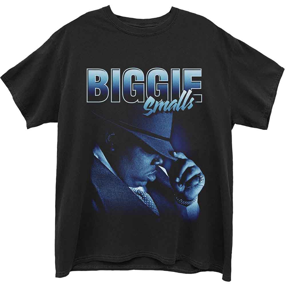 Black t-shirt with graphic of Biggie Smalls in a hat.