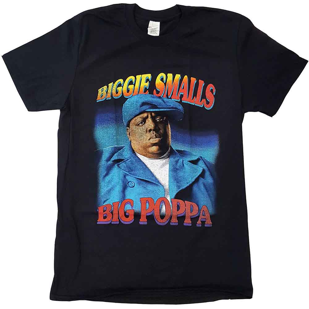 Black t-shirt featuring a graphic of Biggie Smalls with text Biggie Smalls Big Poppa.