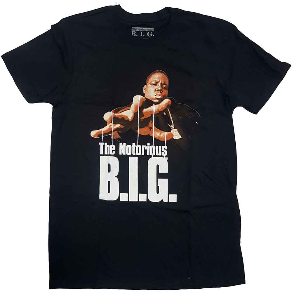Black t-shirt with portrait of The Notorious B.I.G. in gold tones.