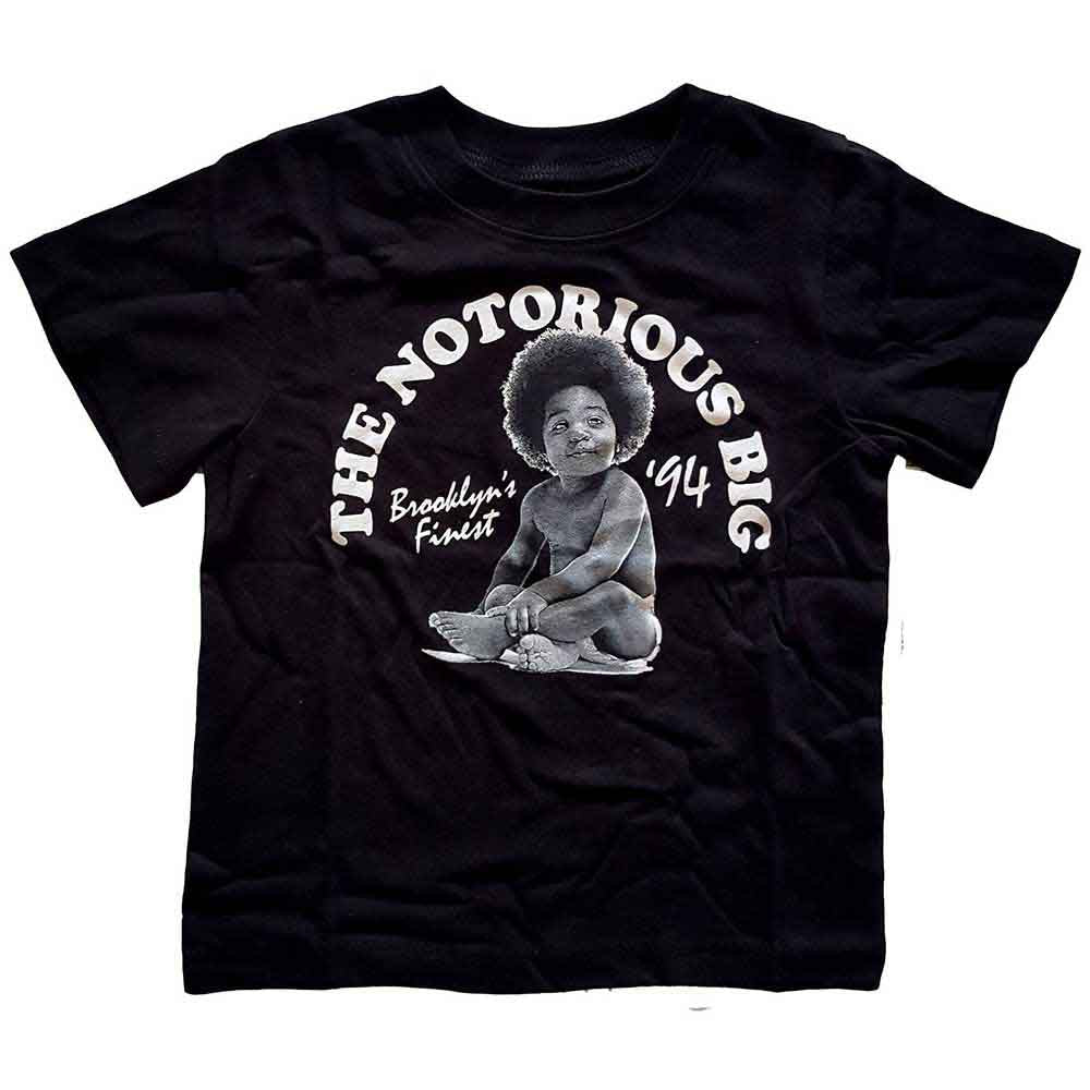 Black toddler t-shirt with a baby portrait and text graphic.