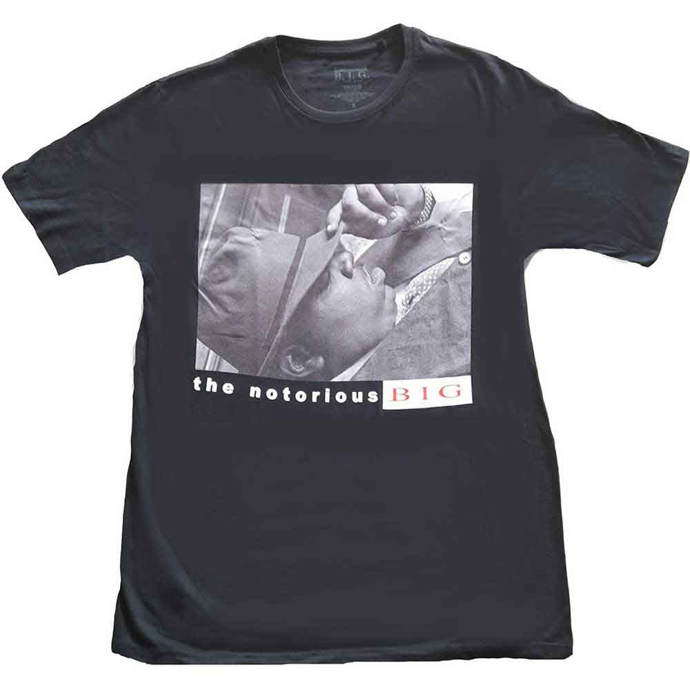 Black t-shirt featuring a graphic of rapper The Notorious B.I.G. (Biggie Smalls).