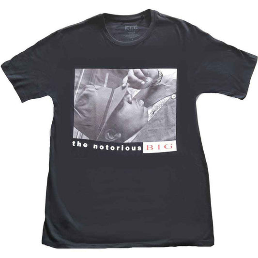 Black t-shirt featuring a graphic of rapper The Notorious B.I.G. (Biggie Smalls).