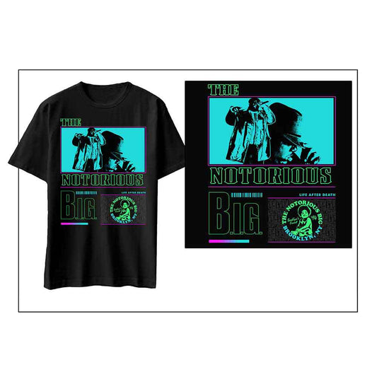 Neon graphic of The Notorious B.I.G. on a black unisex t-shirt, size small.