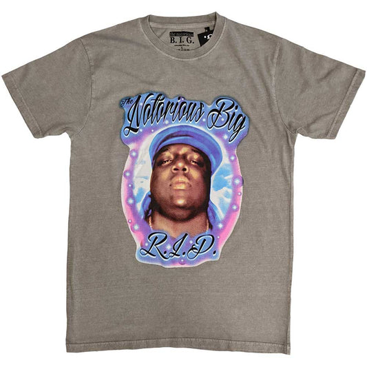 Black unisex t-shirt featuring an airbrushed portrait of Biggie Smalls with RIP text.
