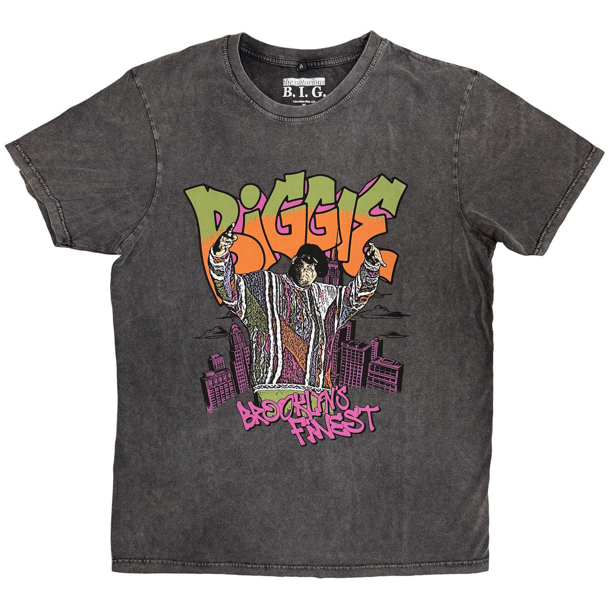 Charcoal grey t-shirt with cartoon graffiti of Biggie Smalls and a cityscape.