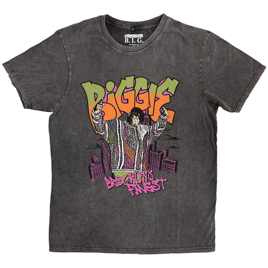 Charcoal grey t-shirt with cartoon graffiti of Biggie Smalls and a cityscape.