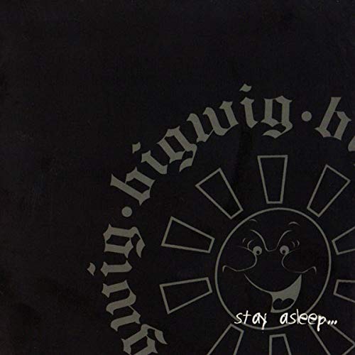 Black vinyl record cover with stylized text and a sleeping face.