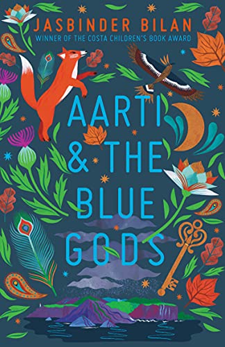 Book cover with fox, bird, floral design, and title "Aarti & the Blue Gods".