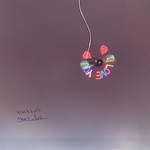 A CD with colorful, neon letters spelling "mea culpa" hangs from a wire.