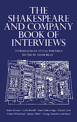 Book cover: "The Shakespeare and Company Book of Interviews" with bookstore illustration.