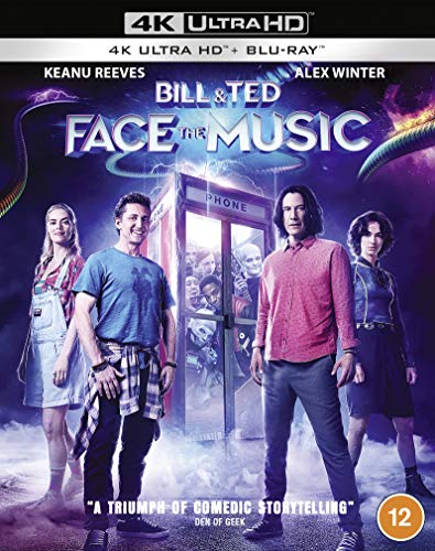 Bill & Ted Face The Music" Blu-ray cover with cast and time-traveling phone booth.