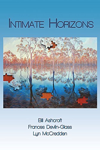 Book cover: "Intimate Horizons" with trees reflected in water and puzzle pieces.