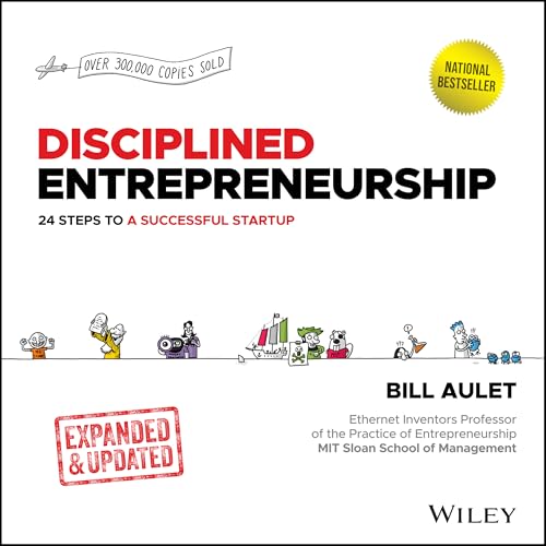 Book cover for Disciplined Entrepreneurship by Bill Aulet featuring cartoon illustrations on white background.