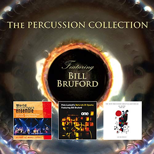 "CD cover with 'The Percussion Collection' text, featuring Bill Bruford and three album covers."