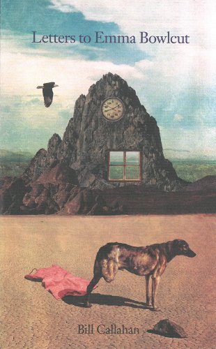 Book cover with surreal landscape, a dog, and a clock-faced mountain.