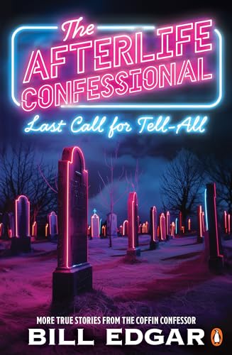 Book cover with neon title and graveyard scene in shades of purple.