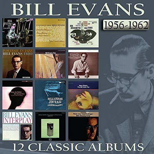 A collage of twelve Bill Evans album covers with a portrait of the artist.