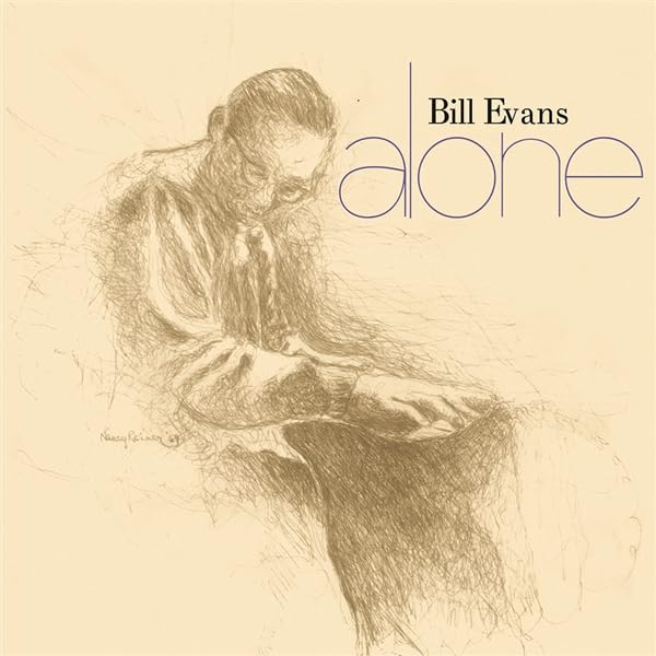 Sketch of Bill Evans playing piano, album cover for "Alone.