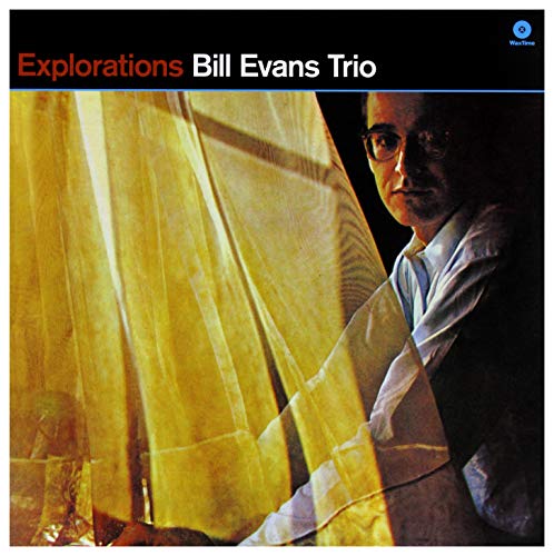 Album cover for Bill Evans Trio Explorations featuring a man behind yellow translucent curtains.
