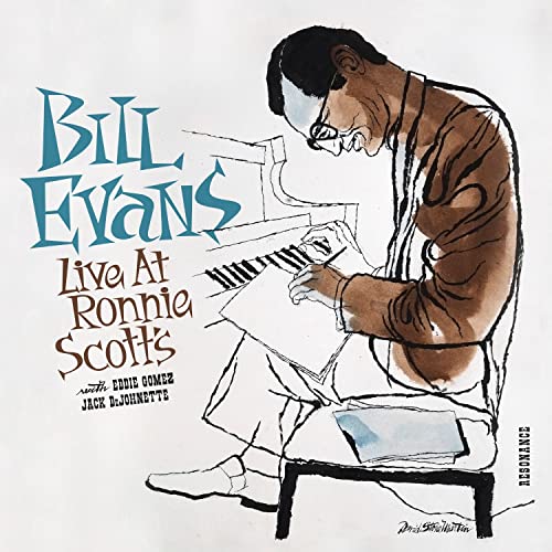CD cover: Bill Evans playing piano, illustrated in brown and blue.