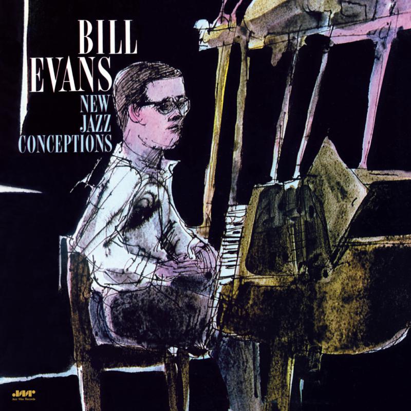 Album cover illustration of Bill Evans playing piano against a black background.