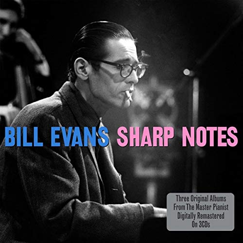 Black and white photo of Bill Evans playing piano, with blue and pink text.