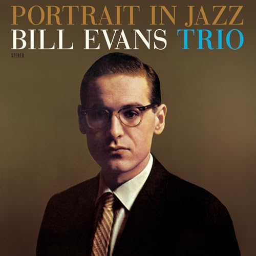 Album cover for Bill Evans Trio’s “Portrait In Jazz” featuring a portrait of Evans.