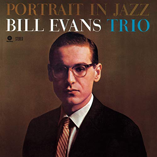 Album cover for Bill Evans Trio’s “Portrait In Jazz” featuring a portrait of Evans.