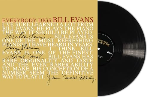 Vinyl record cover for Everybody Digs Bill Evans next to a black vinyl disc.