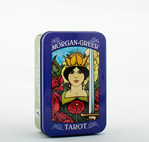 Blue tin containing the Morgan-Greer Tarot deck, featuring a crowned figure.
