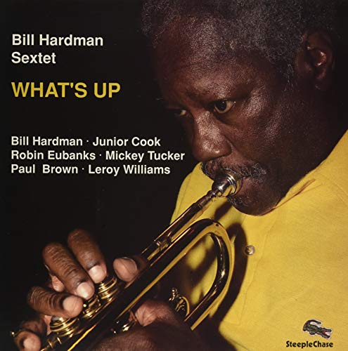 Jazz musician Bill Hardman playing a golden trumpet, album cover.