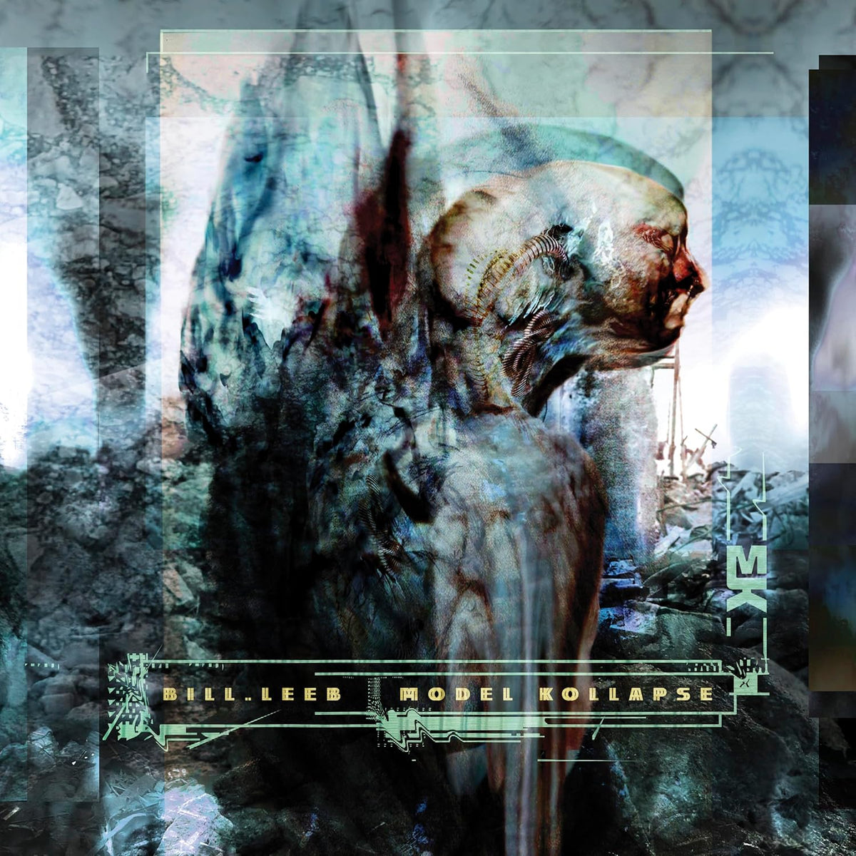 Album cover for "Model Kollapse" by Bill Leeb, featuring distorted robotic face.