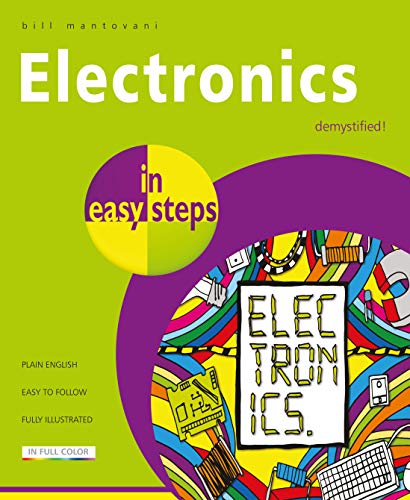 Book cover: "Electronics in easy steps" with colorful circuit board illustration.