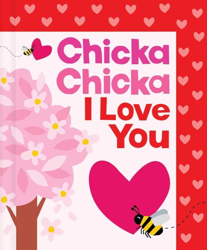 Book cover with pink blossoms, hearts, a bee, and colorful text.