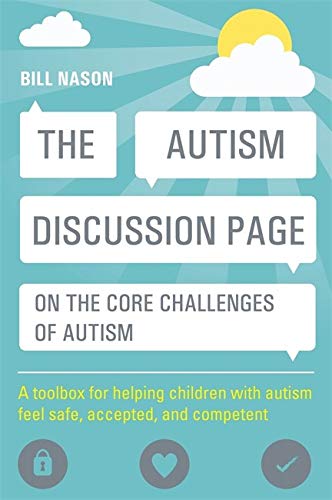 Book cover with text: "The Autism Discussion Page" and sun/cloud graphics.