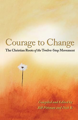 Book cover with golden background, white flower, and title “Courage to Change.”