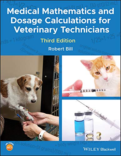 Textbook cover featuring a dog, cat, syringe, and medical calculations.