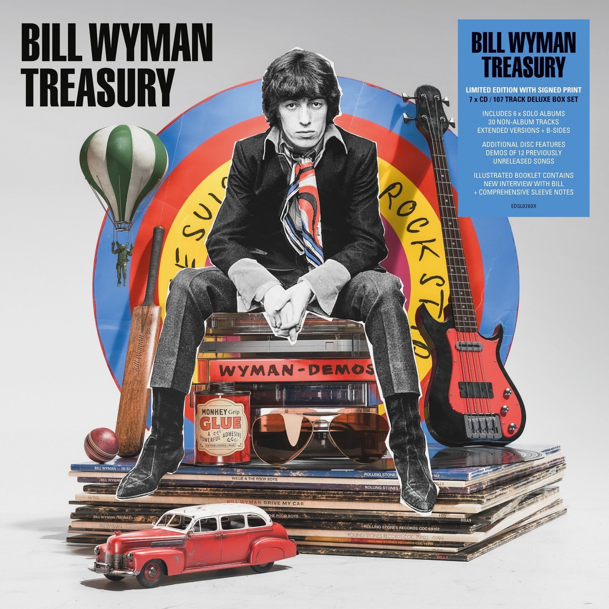 CD cover for Bill Wyman’s “Treasury” box set, featuring collage imagery.