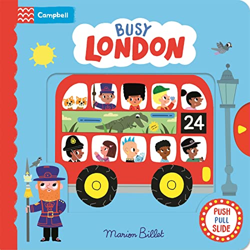 Red London bus book cover with interactive elements and illustrated characters.