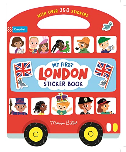 A red London bus-shaped sticker book with illustrations of people and British flags.