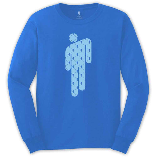 Mid blue long-sleeve t-shirt with a light blue Billie Eilish logo.
