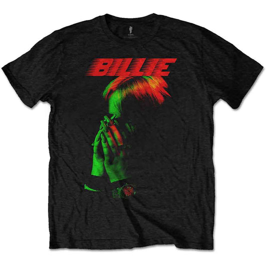 Black t-shirt with a colorful graphic of Billie Eilish’s face and hands.