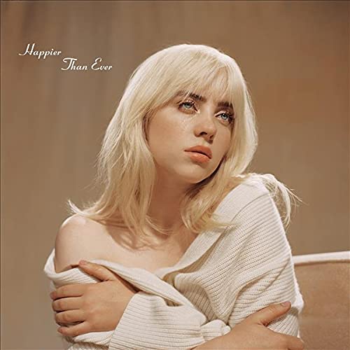 Billie Eilish album cover, blonde hair, looking forward, neutral expression.