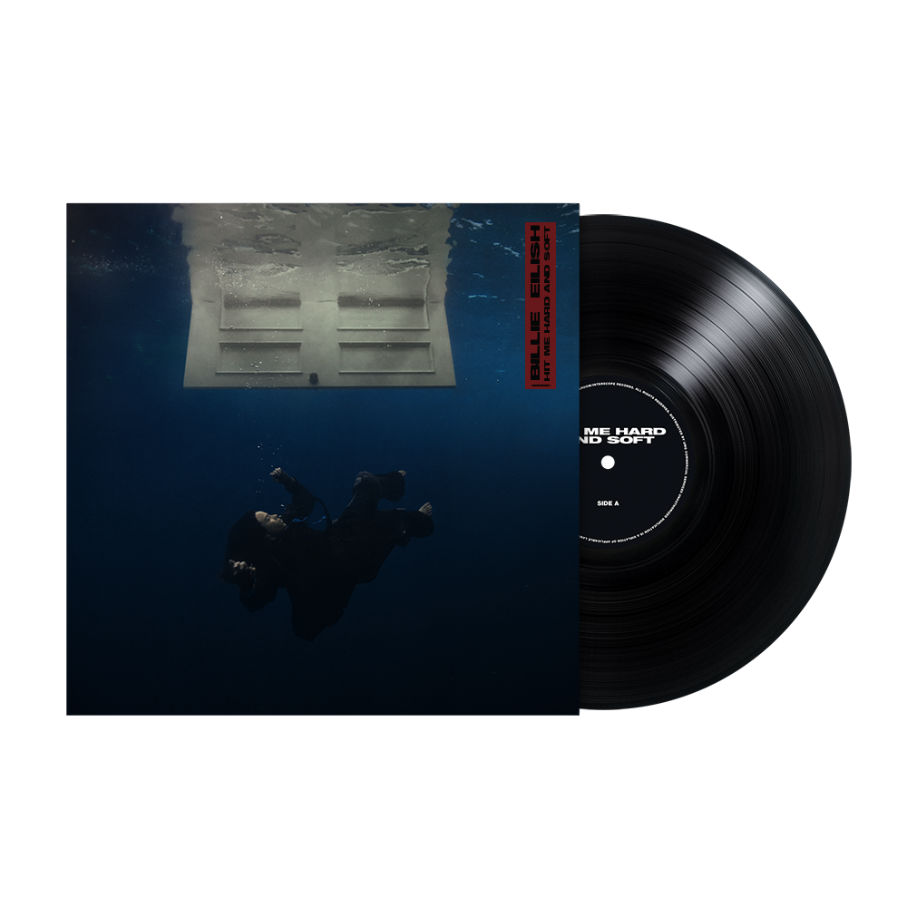 Billie Eilish vinyl record with underwater imagery and black label.